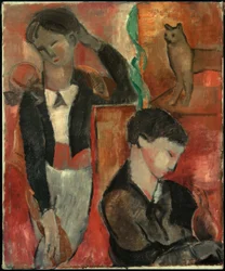 Twee kinderen, een kat en een vogel